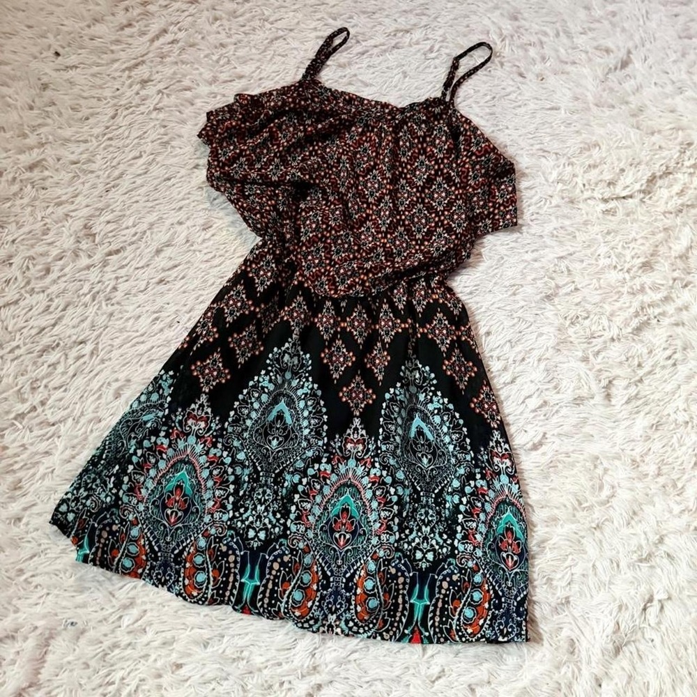 Boho Paisley Aztec Geometric Floral Whimsical Flowy Ruffle Dress Womens XS Indie